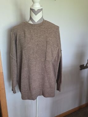 Zenana Brushed Melange Hacci Knit Oversized Pocket Sweater L/XL Brown